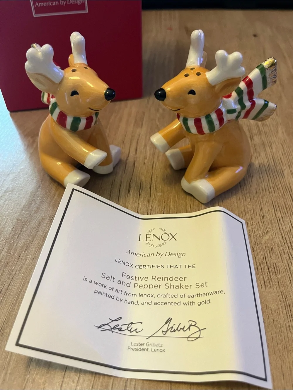 LENOX FESTIVE REINDEER SALT AND PEPPER SHAKER SET in box Collectable